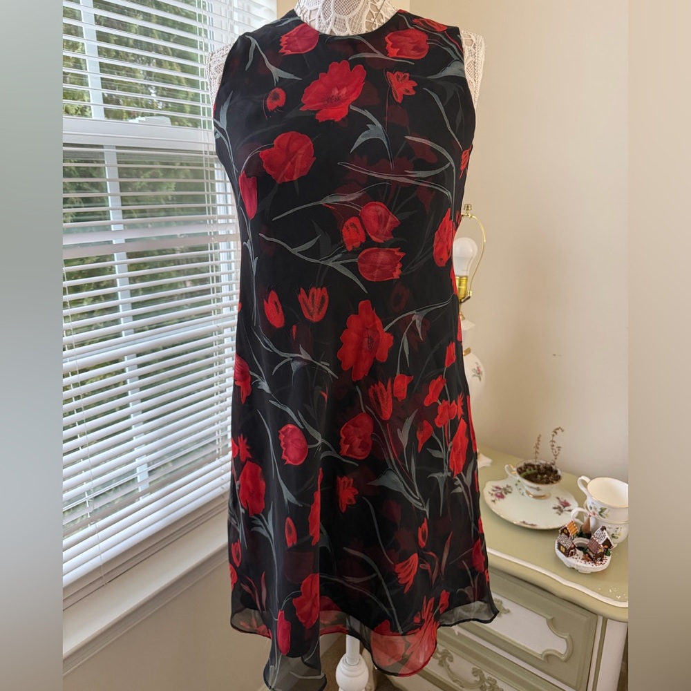 Jessica Howard Red Black Tulip Floral Sheath Dress Size 6 Chiffon 90s Goth Witch